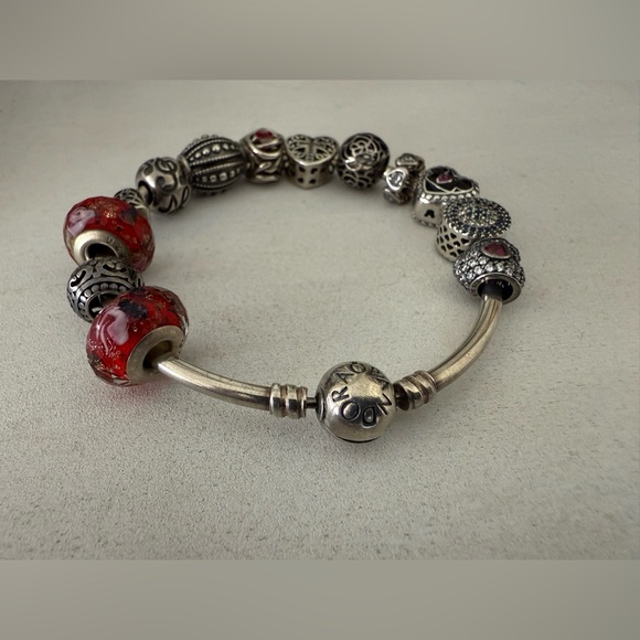 Pandora Bangle Bracelet w/ 13 Charms S925 - ALE - 925 Sterling Silver 8 inches - Picture 2 of 5